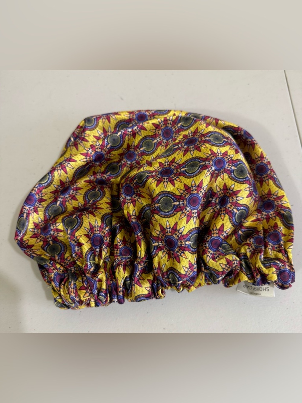 TRUBEAUTY Yellow Patterned Satin Hair Bonnet with Elastic Edge